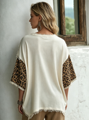 Women's Vintage Leopard Print Patchwork Raw-Edge Loose Short-Sleeve T-Shirt ZMZ0348G3SWL