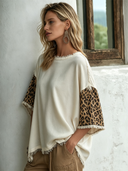 Women's Vintage Leopard Print Patchwork Raw-Edge Loose Short-Sleeve T-Shirt ZMZ0348G3SWL