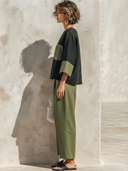 Women's Classic Vintage Cotton-Linen Patchwork Set: Long-Sleeve Crew-Neck Top And Wide-Leg Pants ZMZ0326G1ZYY