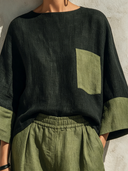 Women's Classic Vintage Cotton-Linen Patchwork Set: Long-Sleeve Crew-Neck Top And Wide-Leg Pants ZMZ0326G1ZYY