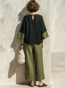 Women's Classic Vintage Cotton-Linen Patchwork Set: Long-Sleeve Crew-Neck Top And Wide-Leg Pants ZMZ0326G1ZYY