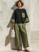 Women's Classic Vintage Cotton-Linen Patchwork Set: Long-Sleeve Crew-Neck Top And Wide-Leg Pants ZMZ0326G1ZYY