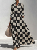 Women's Classic Vintage Black & White Check Mandarin Collar And Long Sleeves Cotton-Linen Long Dress (Belt Included) ZMZ0396G2ZYY