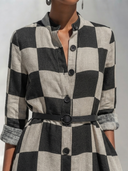 Women's Classic Vintage Black & White Check Mandarin Collar And Long Sleeves Cotton-Linen Long Dress (Belt Included) ZMZ0396G2ZYY