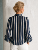Women's Stylish Blue And White Striped Chiffon V-Neck Long-Sleeve Top With Ruffles And Tie Detail ZMZ0396G7SWL