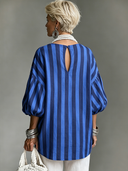 Women's French-style Elegant Blue Vertical-striped Round Neck And Lantern Sleeves Cotton and Linen Loose Shirt ZMZ0326G2ZYY