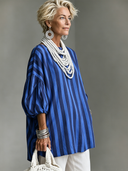 Women's French-style Elegant Blue Vertical-striped Round Neck And Lantern Sleeves Cotton and Linen Loose Shirt ZMZ0326G2ZYY
