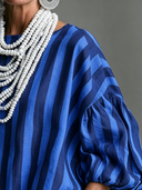 Women's French-style Elegant Blue Vertical-striped Round Neck And Lantern Sleeves Cotton and Linen Loose Shirt ZMZ0326G2ZYY