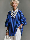 Women's French-style Elegant Blue Vertical-striped Round Neck And Lantern Sleeves Cotton and Linen Loose Shirt ZMZ0326G2ZYY