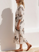 Women Faux Linen Ink Wash Floral Print Shirt Dress Collar Long Sleeve Button Down Split Side Loose Vacation Midi Tunic ZMZ0382G1YZH