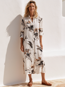 Women Faux Linen Ink Wash Floral Print Shirt Dress Collar Long Sleeve Button Down Split Side Loose Vacation Midi Tunic ZMZ0382G1YZH