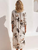 Women Faux Linen Ink Wash Floral Print Shirt Dress Collar Long Sleeve Button Down Split Side Loose Vacation Midi Tunic ZMZ0382G1YZH