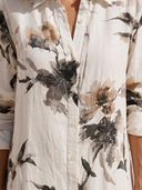 Women Faux Linen Ink Wash Floral Print Shirt Dress Collar Long Sleeve Button Down Split Side Loose Vacation Midi Tunic ZMZ0382G1YZH