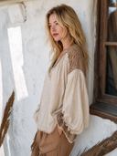 Women's Fashionable Cotton-Linen Blend Long-Sleeve V-Neck Top With Leopard Print Panel ZMZ0347G2SWL