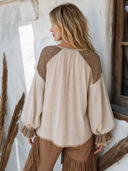 Women's Fashionable Cotton-Linen Blend Long-Sleeve V-Neck Top With Leopard Print Panel ZMZ0347G2SWL