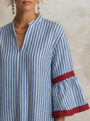Women's Casual Resort-Style Cotton Vertical-Stripe V-Neck Flared-Sleeve Loose Maxi Dress ZMZ0323G1ZYY