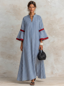 Women's Casual Resort-Style Cotton Vertical-Stripe V-Neck Flared-Sleeve Loose Maxi Dress ZMZ0323G1ZYY