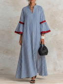 Women's Casual Resort-Style Cotton Vertical-Stripe V-Neck Flared-Sleeve Loose Maxi Dress ZMZ0323G1ZYY
