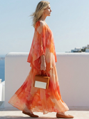 Women Polyester Blend Watercolor Floral 2 Piece Outfit Batwing Sleeve Loose Top Flowy Maxi Skirt Vacation Matching Set ZMZ0367G5YZH