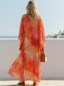 Women Polyester Blend Watercolor Floral 2 Piece Outfit Batwing Sleeve Loose Top Flowy Maxi Skirt Vacation Matching Set ZMZ0367G5YZH
