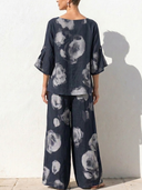 Women Faux Linen Ink Floral Rose Print 2 Piece Outfit Round Neck Roll Tab Sleeve Crop Top Wide Leg Pants Casual Matching Set ZMZ0317G5YZH