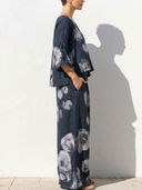 Women Faux Linen Ink Floral Rose Print 2 Piece Outfit Round Neck Roll Tab Sleeve Crop Top Wide Leg Pants Casual Matching Set ZMZ0317G5YZH