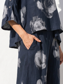 Women Faux Linen Ink Floral Rose Print 2 Piece Outfit Round Neck Roll Tab Sleeve Crop Top Wide Leg Pants Casual Matching Set ZMZ0317G5YZH