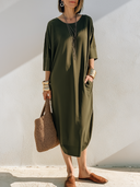 Women Soft Knit Loose Midi Dress Round Neck Half Sleeve Side Pocket Split Hem Casual Minimalist Tunic Dress ZMZ0327G3YZH