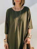 Women Soft Knit Loose Midi Dress Round Neck Half Sleeve Side Pocket Split Hem Casual Minimalist Tunic Dress ZMZ0327G3YZH