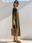 Women Soft Knit Loose Midi Dress Round Neck Half Sleeve Side Pocket Split Hem Casual Minimalist Tunic Dress ZMZ0327G3YZH
