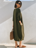 Women Soft Knit Loose Midi Dress Round Neck Half Sleeve Side Pocket Split Hem Casual Minimalist Tunic Dress ZMZ0327G3YZH