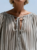 Women Rayon Printed Vertical Stripe Blouse Off Shoulder Tie V Neck Lantern Sleeve Ruffle Hem Loose Vacation Top ZMZ0370G4YZH