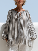 Women Rayon Printed Vertical Stripe Blouse Off Shoulder Tie V Neck Lantern Sleeve Ruffle Hem Loose Vacation Top ZMZ0370G4YZH