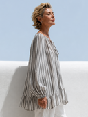 Women Rayon Printed Vertical Stripe Blouse Off Shoulder Tie V Neck Lantern Sleeve Ruffle Hem Loose Vacation Top ZMZ0370G4YZH