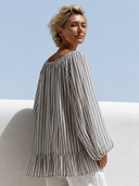 Women Rayon Printed Vertical Stripe Blouse Off Shoulder Tie V Neck Lantern Sleeve Ruffle Hem Loose Vacation Top ZMZ0370G4YZH