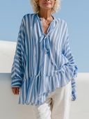 Women Printed Vertical Stripe Blouse Stand Collar Tie Front Lantern Sleeve Irregular Ruffle Hem Loose Vacation Tunic Top ZMZ0328G3YZH