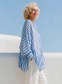Women Printed Vertical Stripe Blouse Stand Collar Tie Front Lantern Sleeve Irregular Ruffle Hem Loose Vacation Tunic Top ZMZ0328G3YZH