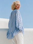 Women Printed Vertical Stripe Blouse Stand Collar Tie Front Lantern Sleeve Irregular Ruffle Hem Loose Vacation Tunic Top ZMZ0328G3YZH