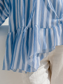 Women Printed Vertical Stripe Blouse Stand Collar Tie Front Lantern Sleeve Irregular Ruffle Hem Loose Vacation Tunic Top ZMZ0328G3YZH