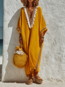 Women's Vacation V-neck Tassel Cotton Solid Color Long-sleeved Maxi Dress ZMZ0683G3XT
