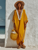 Women's Vacation V-neck Tassel Cotton Solid Color Long-sleeved Maxi Dress ZMZ0683G3XT
