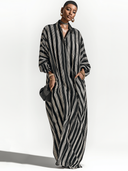 Women's Retro Casual Striped Print Polo Collar Long Sleeve Maxi Dress ZMZ0663G2ZJY
