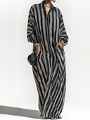 Women's Retro Casual Striped Print Polo Collar Long Sleeve Maxi Dress ZMZ0663G2ZJY