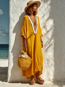 Women's Vacation V-neck Tassel Cotton Solid Color Long-sleeved Maxi Dress ZMZ0683G3XT