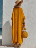 Women's Vacation V-neck Tassel Cotton Solid Color Long-sleeved Maxi Dress ZMZ0683G3XT