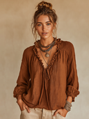 Women's Retro Casual Cotton Linen Ruffled Long-Sleeve V-Neck Shirt ZMZ0677G4ZJY