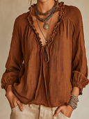 Women's Retro Casual Cotton Linen Ruffled Long-Sleeve V-Neck Shirt ZMZ0677G4ZJY