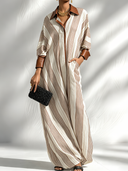 Women's Retro Casual Striped Print PU Collar Long Sleeve Maxi Dress ZMZ0625G4ZJY