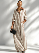 Women's Retro Casual Striped Print PU Collar Long Sleeve Maxi Dress ZMZ0625G4ZJY