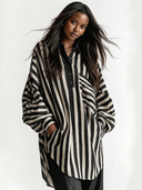 Women's Retro Casual Striped Cotton Collared Long-Sleeve Shirt ZMZ0614G3ZJY